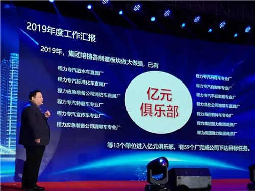 程力汽車集團總經(jīng)理程阿羅向大會作主題演講報告，并全面部署2020年工作計劃。 程力集團公司總經(jīng)理向年會報告2019年工作完成情況，以及2020年主要工作任務和集團“四五”規(guī)劃及長遠規(guī)劃的有關情況。 他講到，剛剛過去的2019年，程力公司面臨國內(nèi)外汽車市場低迷的不利形勢，集團廣大干部職工團結一心，發(fā)揚頑強拼搏、銳意進取的精神，用汗水詮釋責任，實干篤定前行，使集團公司的生產(chǎn)經(jīng)營實現(xiàn)了逆勢上揚。程力專汽全年產(chǎn)值突破60億元，同比增長20%，出口創(chuàng)匯3050萬美元，上交稅金6468萬元，底盤銷售突破2萬臺